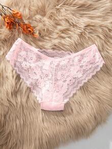 Seamless Lace Trim Sexy Sheer Panties (Thong), Pink