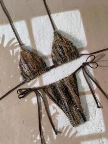 Swim Chiccia 女士泳衣两件套，性感优雅浪漫针织亮片挂脖系带泳装，女士度假装，女士精致优雅沙滩泳装套装 - 棕色 - 查看 1