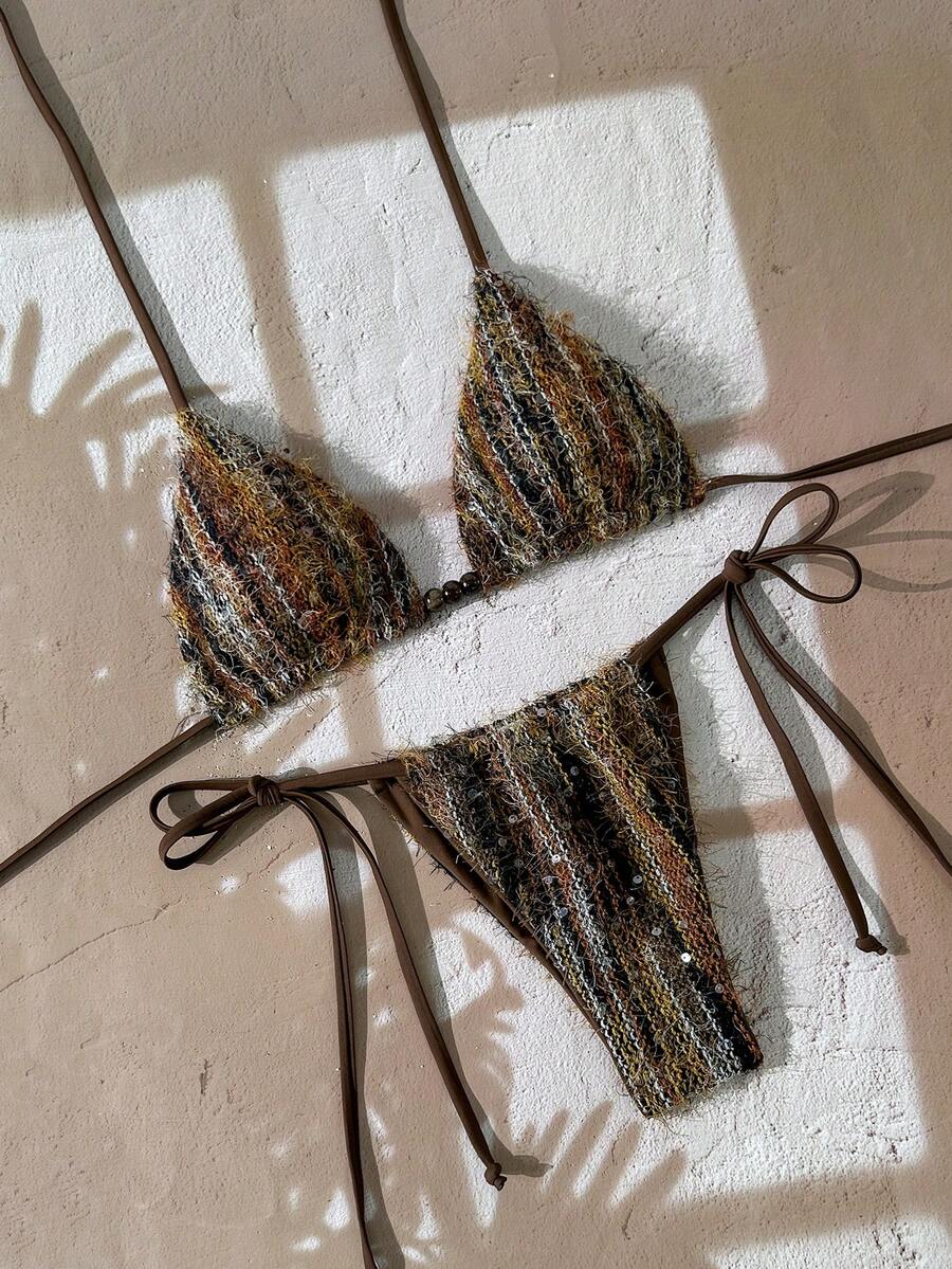 Swim Chiccia 女士泳衣两件套，性感优雅浪漫针织亮片挂脖系带泳装，女士度假装，女士精致优雅沙滩泳装套装 - 棕色 - 查看 1