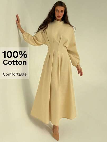 Aloruh Minimalist Commuter Stand Collar Cinched Waist Ruched Puff Sleeve Beige Bamboo Fiber Cotton A-Line Dress For Women