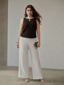 MOTF PREMIUM PLUS SIZE BEADED DETAIL KEYHOLE NECK RIB-KNIT TANK TOP - Black - View 5