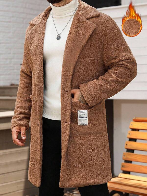 Manfinity Homme 男士休闲纯色夹克，百搭秋冬男士棕色泰迪外套男士羊毛夹克男士棕色夹克男士长外套男士棕色开衫