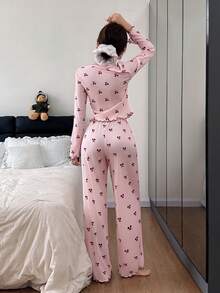 SHEIN Cherry Blossom Print Lace Trim Long Sleeve Pajama Set - Pink - View 2