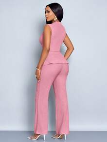 SOLERSUN Bộ đồ hai mảnh không tay dài tay cổ chữ V thanh lịch màu mơ cho nữ, quần ống rộng, viền bất đối xứng, thường ngày, mùa xuân và mùa hè, không tay, tay ngắn - Hồng - Xem 2