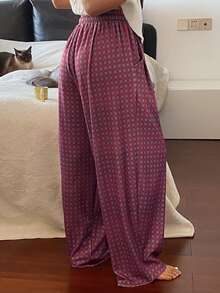 DAZY Plaid Loose Drawstring Waist Wide Leg Women Lounge Pants - Burgundy - View 2