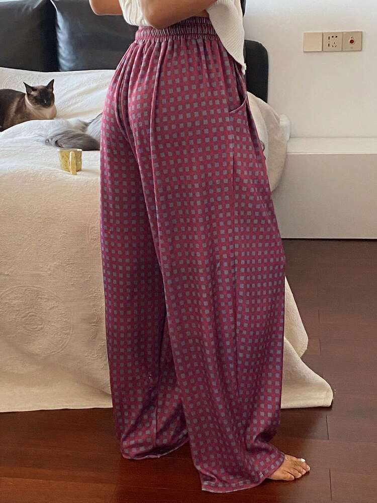 Plaid Loose Drawstring Waist Wide Leg Women Lounge Pants