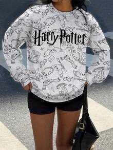 HARRY POTTER X SHEIN Sudadera casual de cuello redondo con estampado de búho para mujer, otoño - Blanco - Ver 4