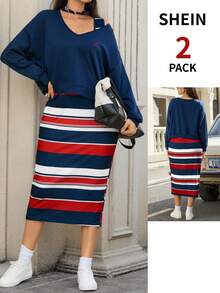 Zelara 两件套加大码锚形刺绣上衣和条纹撞色连衣裙套装 - 彩色 - 查看 8