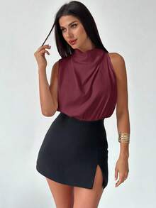 Firerie 女士优雅时尚新款通勤办公日常度假音乐节不对称褶皱杏色衬衫，春夏款 - 酒紅色 - 查看 5