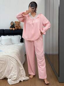 Dream Adore Plus Size 2pcs Princess Style Long Sleeve Pajama Set, Homewear Suit, Winter Clothes - Pink - View 1