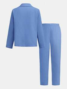 SHEIN 2pcs Tween Boy Summer Casual School Gentleman Cute Solid Color Suit Jacket & Elastic Waist Formal Trouser Set, Suitable For Birthday Party, Ceremony, Performance, Wedding, Boys Blue Suit Set, Boy Blue Suit, Toddler Boy Suit, Boys Light Blue Suit,In Fall/Winter