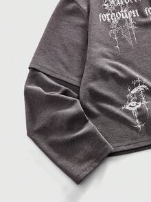 ROMWE MEN Men's Long Sleeve Mock Neck Anime Graphic T-Shirt - Dark Grey - View 4