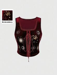 ROMWE EDITION 女巫日月亮和星星刺绣天鹅绒百搭修身背心 - 酒紅色 - 查看 2