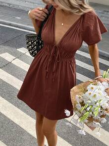 Serisse Đầm mini tay ngắn buộc nơ cổ chữ V sâu cho nữ - Đỏ - Xem 5