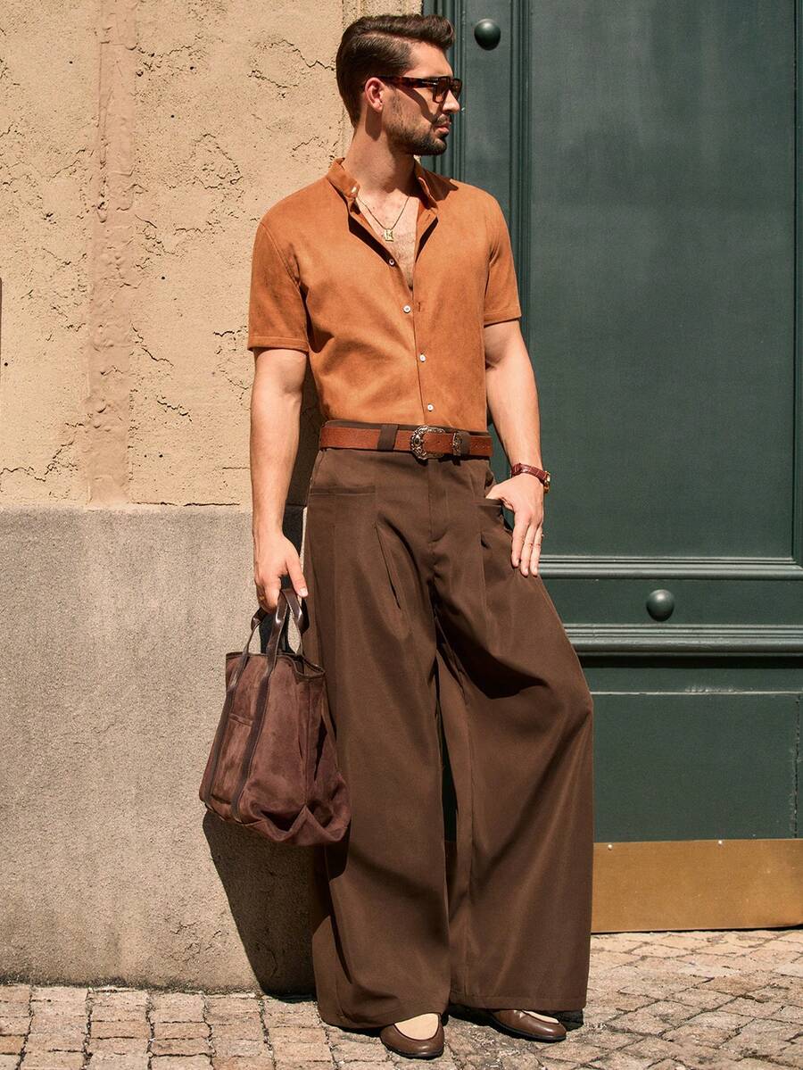 Mainfolk Men's Minimalist Solid Color Single-Breasted Short Sleeve Shirt - Khaki - View 1