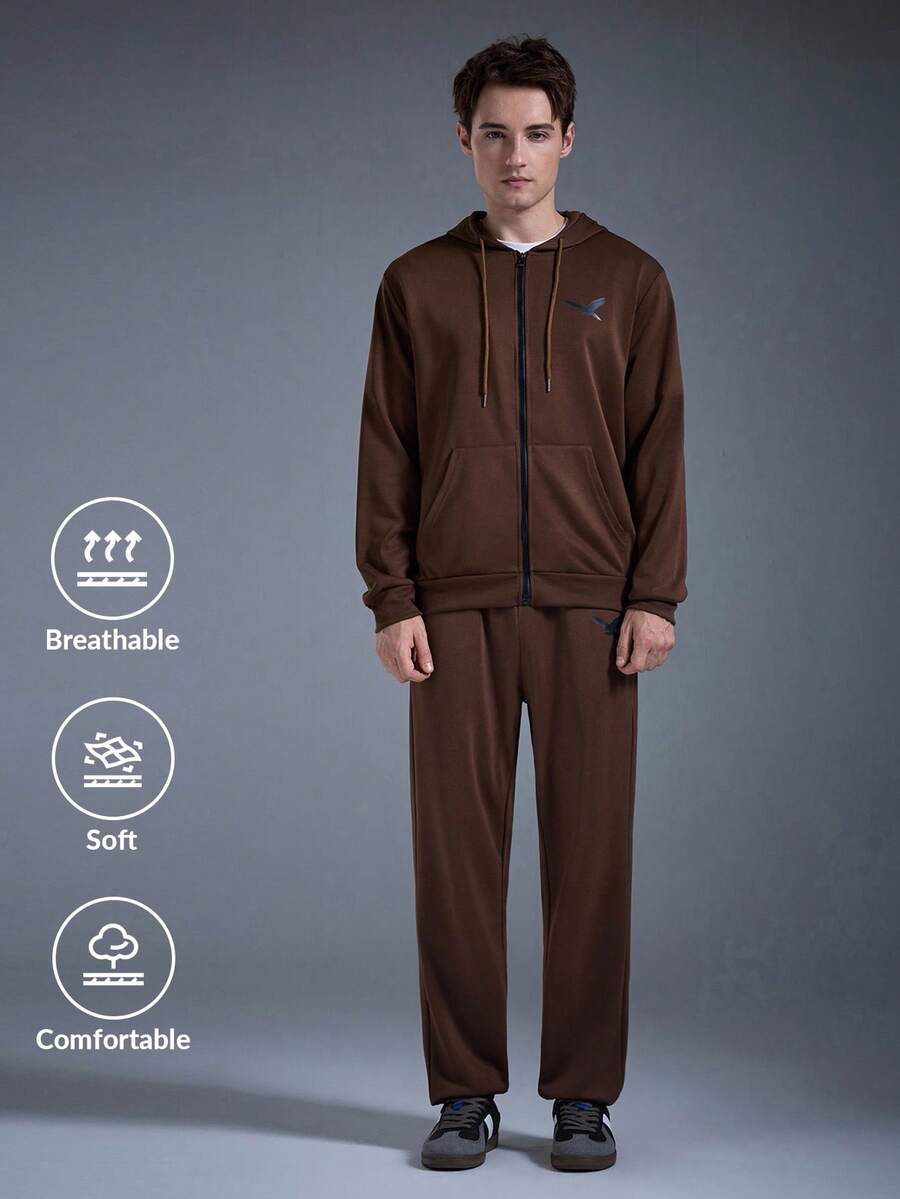 DRIFTMERE 两件套男士春秋季印花运动套装,舒适透气,常规版型连帽外套和裤子,秋冬季运动服,适合春夏季慢跑 - 咖啡棕 - 查看 1