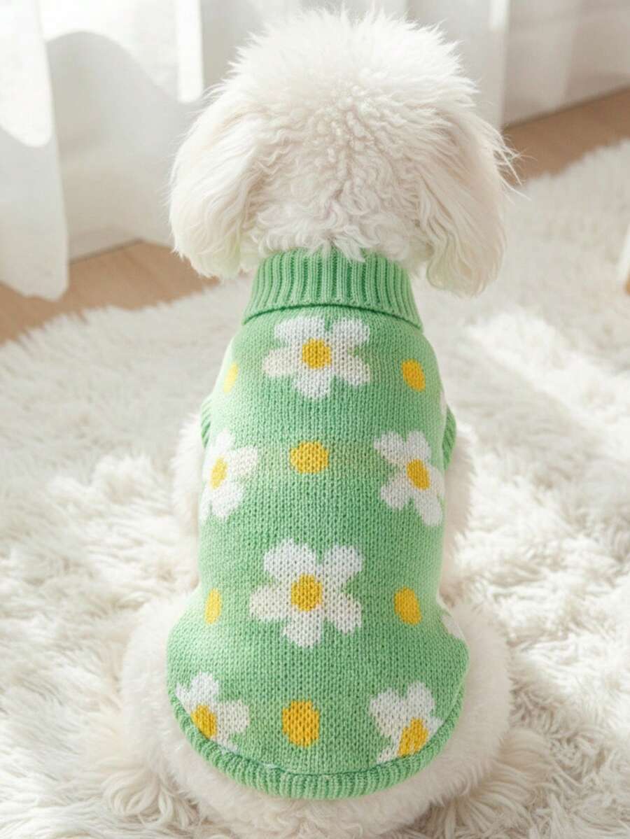 PETSIN 1pc Christmas Pet Sweater, Cat And Dog Winter Flower Print, Warm Pet Clothes - Multicolor - View 1