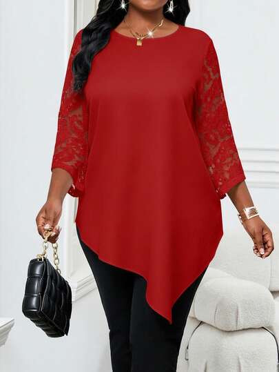 SHEIN Lady Plus Size Women's Red Solid Metallic Round Neck 3/4 Sleeve Loose Asymmetric Hem Elegant  Red Shirt Summer Top Valentine's Day Spring Summer Dress Going Out Top Plus Size Red Tops Red Blouse Women Plus Asymmetrical Top Plus Red Tops For Curve Plus Size Blouses Valentine Clothes Valentine's Day Wedding Elegant Dresses For Women Elegant Dresses For Women Wedding Guest Dress Elegant Party Dresses Red Dress Women