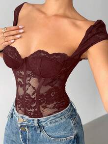 Aloruh Bộ đồ liền thân ren trơn màu gợi cảm thời trang dành cho nữ - Màu Đỏ Sâu - Xem 7