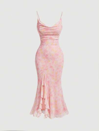 SHEIN MOD Ladies Romantic Pink Floral Ombre Dress For Spring Outfit