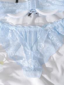 DelicateAllure 2件套钢圈模杯提拉丰满撞色蕾丝拼接荷叶边花卉蕾丝可爱清新舒适半罩杯文胸套装