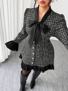 SHEIN PETITE CURVE Bộ đồ liền thân quần yếm dày cỡ lớn dành cho nữ, váy ngắn thanh lịch, vải tuýt kẻ caro dày dặn, ôm sát, thích hợp cho các dịp trở lại trường, tốt nghiệp, ngày lễ tình nhân, lễ hội âm nhạc, ngày của mẹ, lễ Halloween, lễ tạ ơn, lễ Phục sinh, ngày quốc khánh, dạ tiệc, tiệc hẹn hò, mùa cưới, hoạt động ngoài trời - màu đen - Xem 6