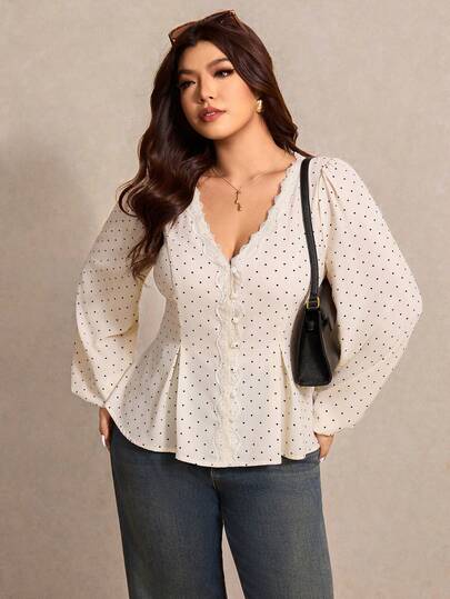 Elaquor Plus Size Women's Polka Dot Print Contrast Lace Lantern Sleeve Fashion Blouse White Top For New Year's Eve Curvy Blouses