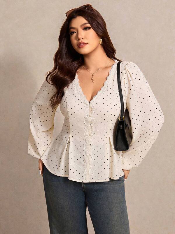 Elaquor Plus Size Women's Polka Dot Print Contrast Lace Lantern Sleeve Fashion Blouse White Top For New Year's Eve Curvy Blouses