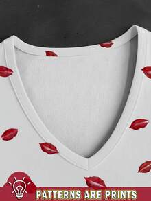 Rovax Women's Sexy V-Neck Full Print Short Sleeve T-Shirt, Lip Print, Fashion Streetwear, Couple Gift - Multicolor - View 3