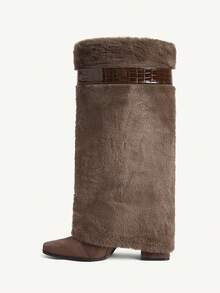 CUCCOO CHICEST Women's Fashionable Commuter Fluffy Chunky Heel Knee-High Boots Valentine's Day - Coffee Brown - View 10