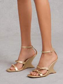 SHUZIA 女士优雅舒适金属PU踝带坡跟凉鞋 - 金色 - 查看 2