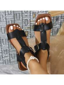 Sandalias planas para mujer, sandalias planas con correa y hebilla calada, estilo europeo y americano, combinadas con sandalias de playa a la moda. - Negro - Ver 3