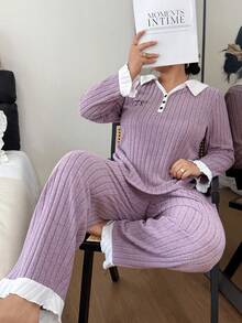 Dream Adore Plus Size Simple Contrast Color Collar Embroidered Knit Pajama Set - Mauve Purple - View 6