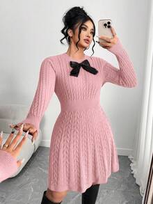 Elenzga Váy chữ A thắt nơ eo thời trang cỡ lớn, váy chui đầu dệt kim màu đỏ tía - Hồng - Xem 3