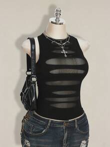 SHEIN ICON 大码 Y2K 风格透视做旧性感吊带背心 - 黑色 - 查看 5