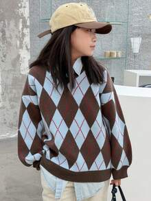 DAZY Girls' Retro V-Neck Argyle Patchwork Pullover Sweater, Fashion School Style - Coffee Brown - View 3