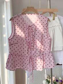 Comfortcana 女士休闲粉黑波点印花系带无袖衬衫，夏季粉色荷叶边上衣，优雅，适合度假、休闲、Y2K风格，春夏情人节、海滩生日派对、婚礼外出等场合。 - 粉色 - 查看 4