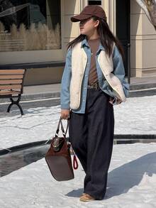 DAZY Tween Girls Crew Neck Fleece Vest Jacket - Beige - View 1