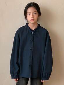 Dazy Kids 少女宽松休闲纯色长袖衬衫，秋季款 - 藏蓝色 - 查看 3