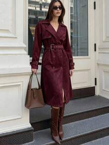 Glamine Women's Burgundy Suede Retro Casual Loose-Fit Mid-Length Coat For Autumn/Winter - Burgundy - View 5