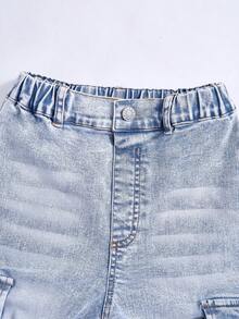 Tween Girls Jeans, Versatile Casual Flare Leg Jeans With Distressed Wash, Elastic Waist, Suitable For Spring, Summer, Autumn, Winter