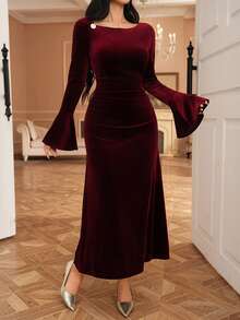 DAZY Đầm dự tiệc tay loe màu trơn thanh lịch dành cho nữ đón Giáng sinh năm mới - Màu Đỏ Sâu - Xem 1