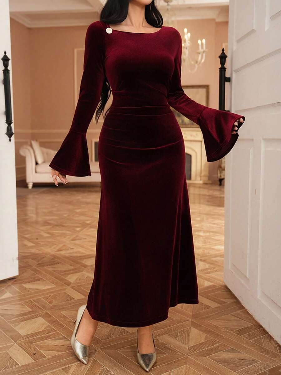 DAZY Đầm dự tiệc tay loe màu trơn thanh lịch dành cho nữ đón Giáng sinh năm mới - Màu Đỏ Sâu - Xem 1