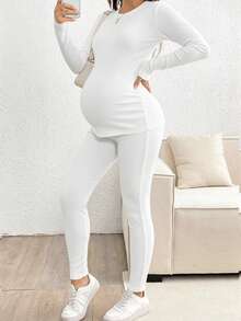 SHEIN 孕婦休閒純色保暖內裡上衣與褲子2件套，冬季白色絲滑簡約休閒日常孕婦穿搭內搭褲保暖衣 - 白色 - 查看 8