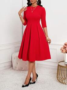 SHEIN Lady Valentine's Day Casual  Plus Size Solid Color Round Neck Raglan Sleeve Waist Tie Pocket Pleated Dress Valentine's Day Outfit Red Elegant Dress Women Half Sleeve Dress Red Wedding Guest Dress Solid Color Dress - Red - View 6