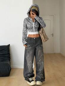 Coolane Women's Fall/Winter Streetwear Daily Wear Going Out Y2K Casual Graphics Leopard Print Fitted Long Sleeve Crop Zip Up Hooded Sweatshirt - Multicolor - View 2