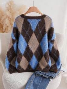 Franclia Áo len dệt kim dáng rộng họa tiết kim cương cổ điển Jacquard màu tương phản cỡ lớn dành cho nữ - Màu xanh lam - Xem 2