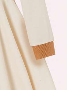 女童休闲翻领刺绣弹力撞色彼得潘领长袖连衣裙，时尚百搭，优雅大方，适合秋冬季穿着 - 卡其色 - 查看 6