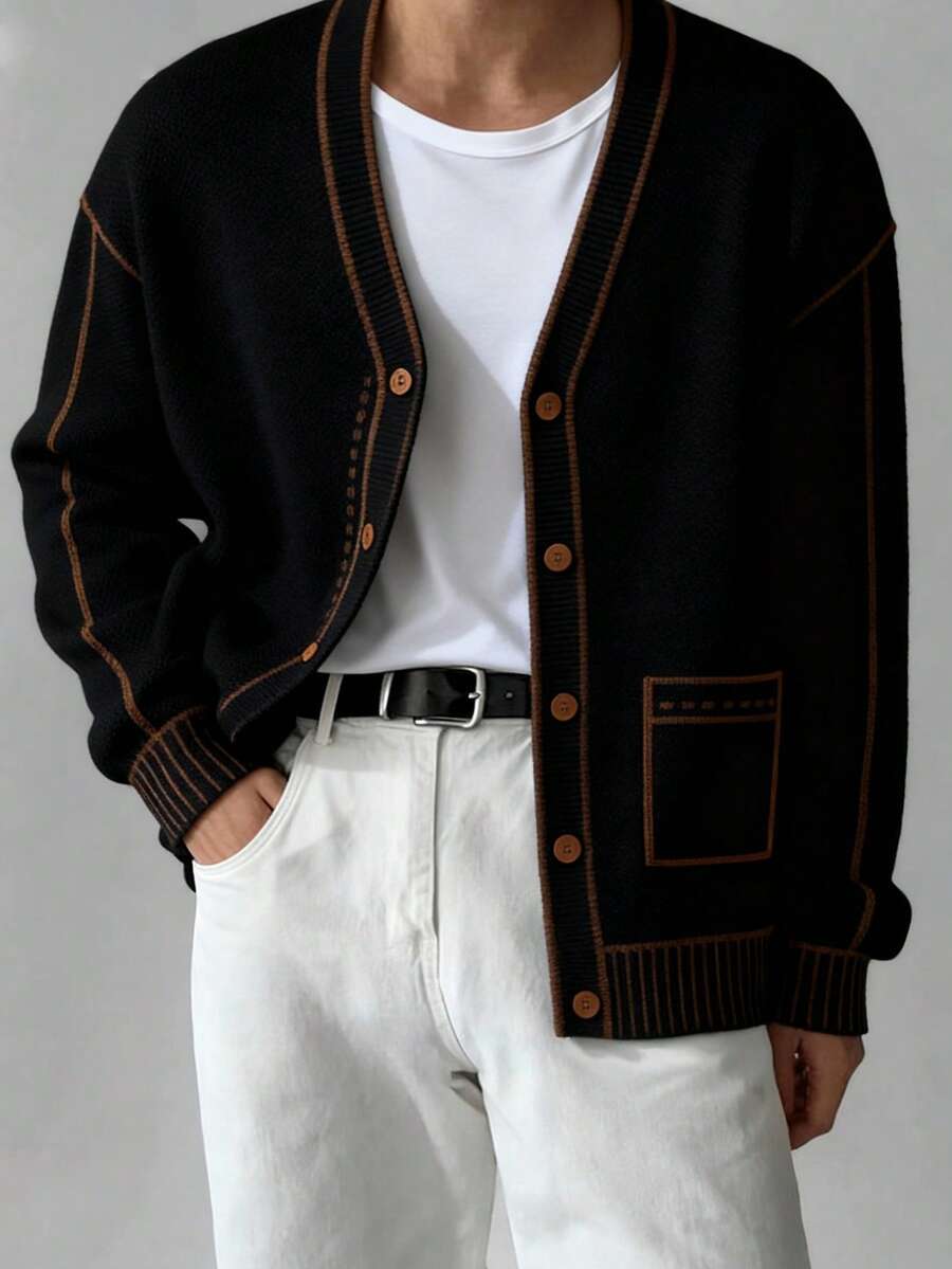 Manfinity Hypemode Men's Black Knitted Sweater, Casual Men's Sweater For Autumn/Winter Striped Men Casual Men Sweater, Long Sleeve Top - Black - View 1