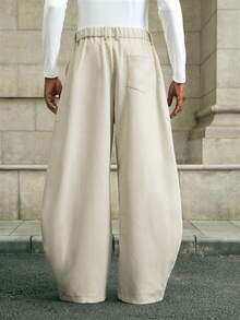 AKNOTIC Men's Solid Color Pocket Button Casual Loose Pants Light Beige,Autumn,Chique,Dress Jewelry Cream Joggers Henley Drawstring Pants With Chain - Apricot - View 2